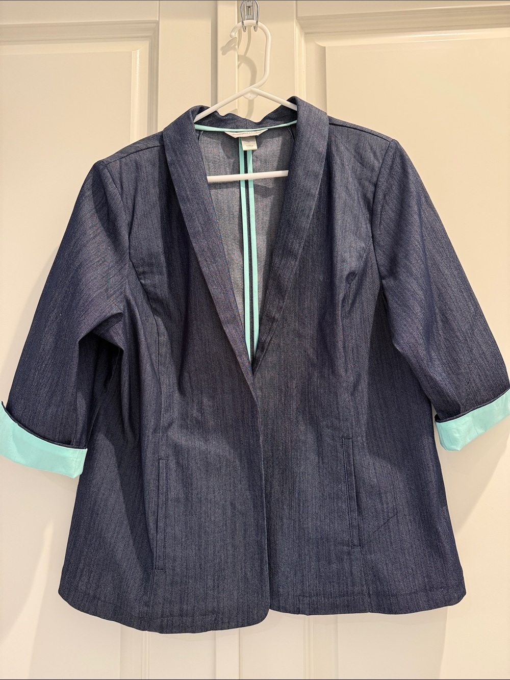 Denim-Look Open Front Jacket with Contrasting Mint Trim